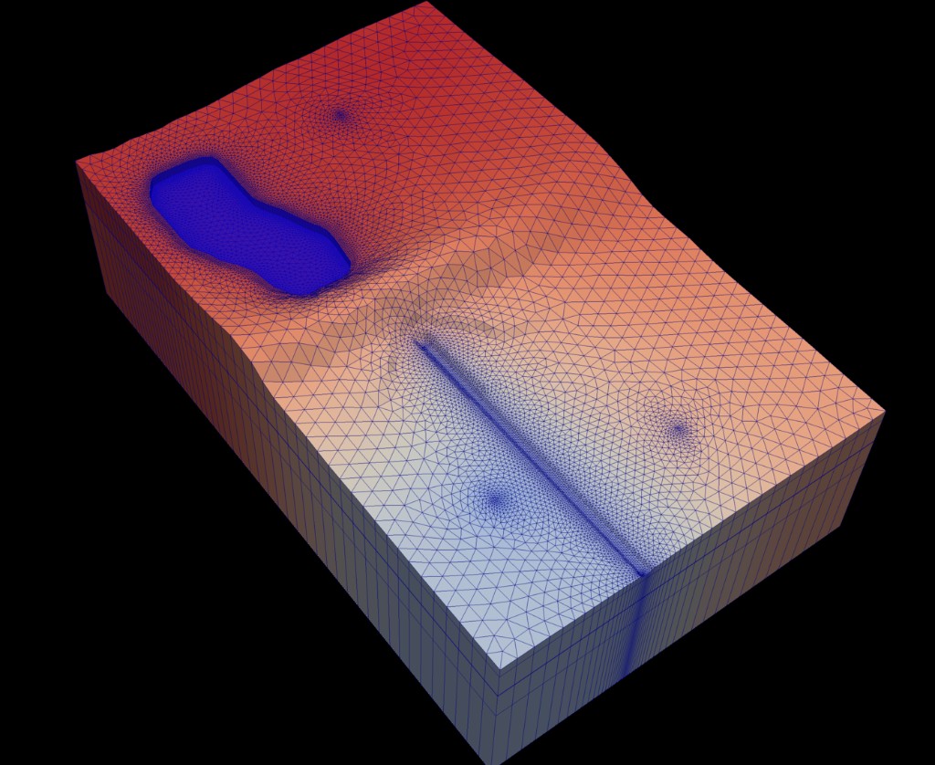 Groundwater modeling triangular grid with simulated water movement